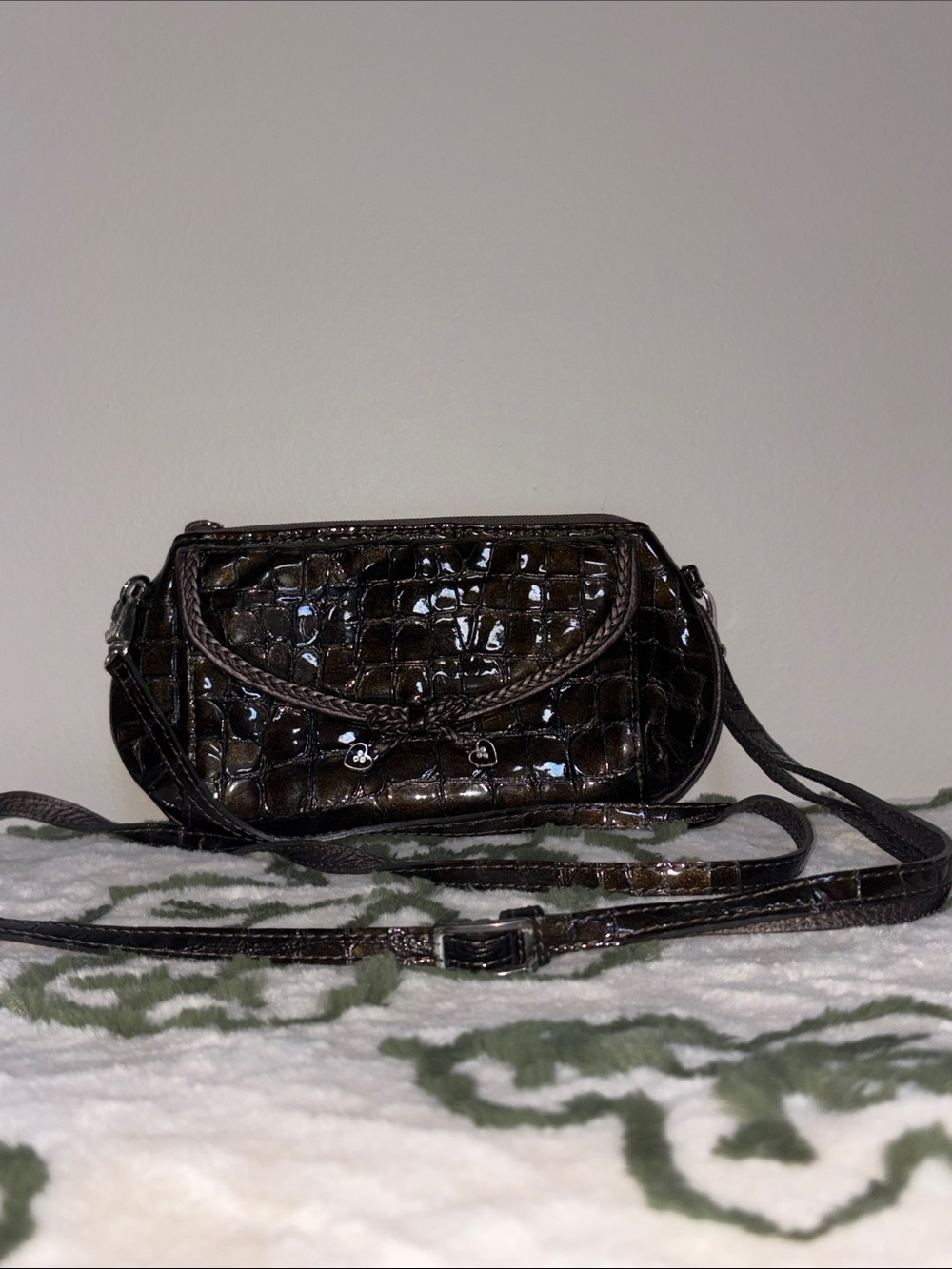 Brighton Vintage Patent Croc-Embossed Crossbody Bag in Dark Sparkle Brown